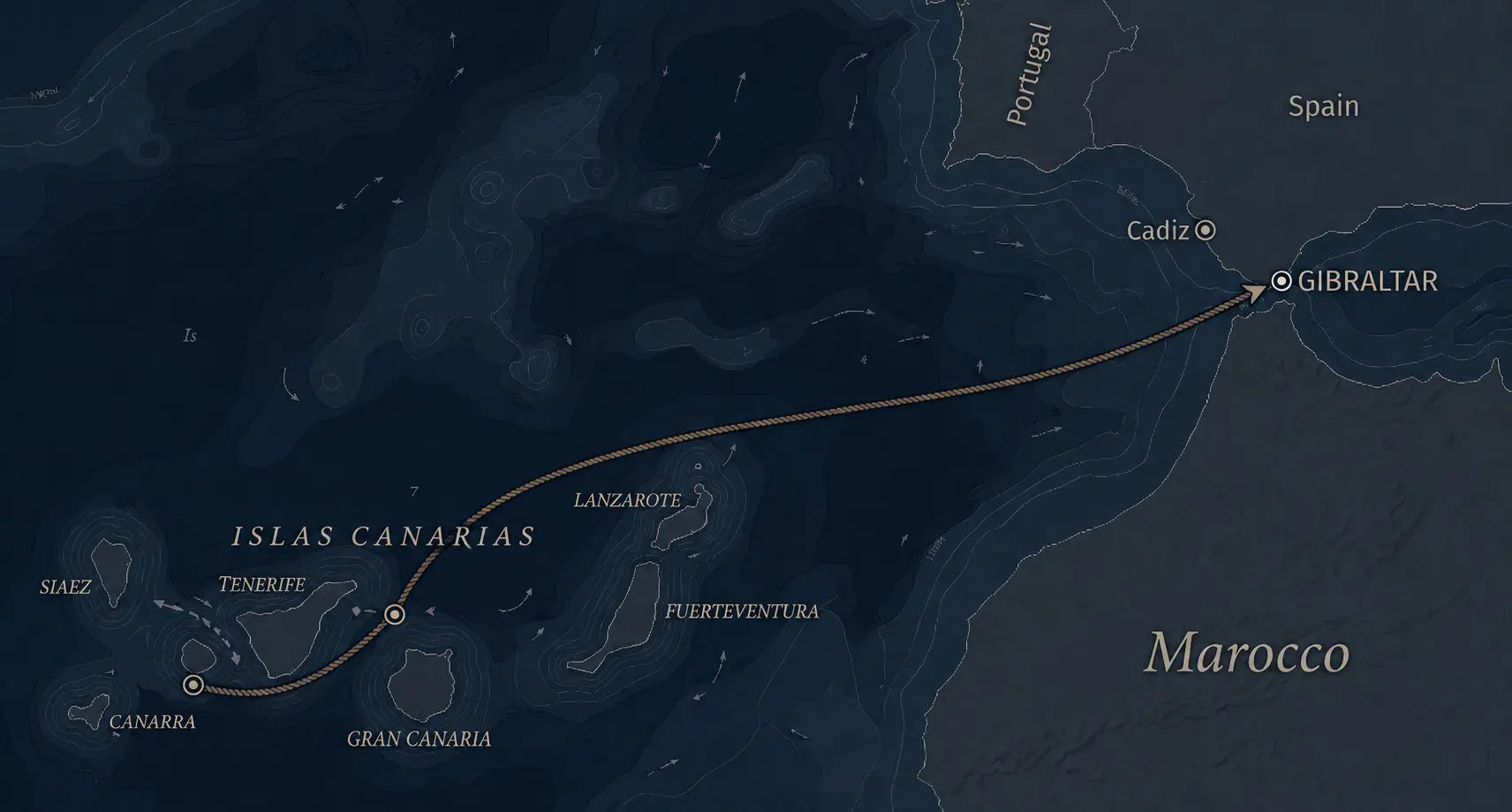 Route map for the Canary Islands to Mediterranean catamaran sailing passage, from the Canary Islands to Gibraltar.