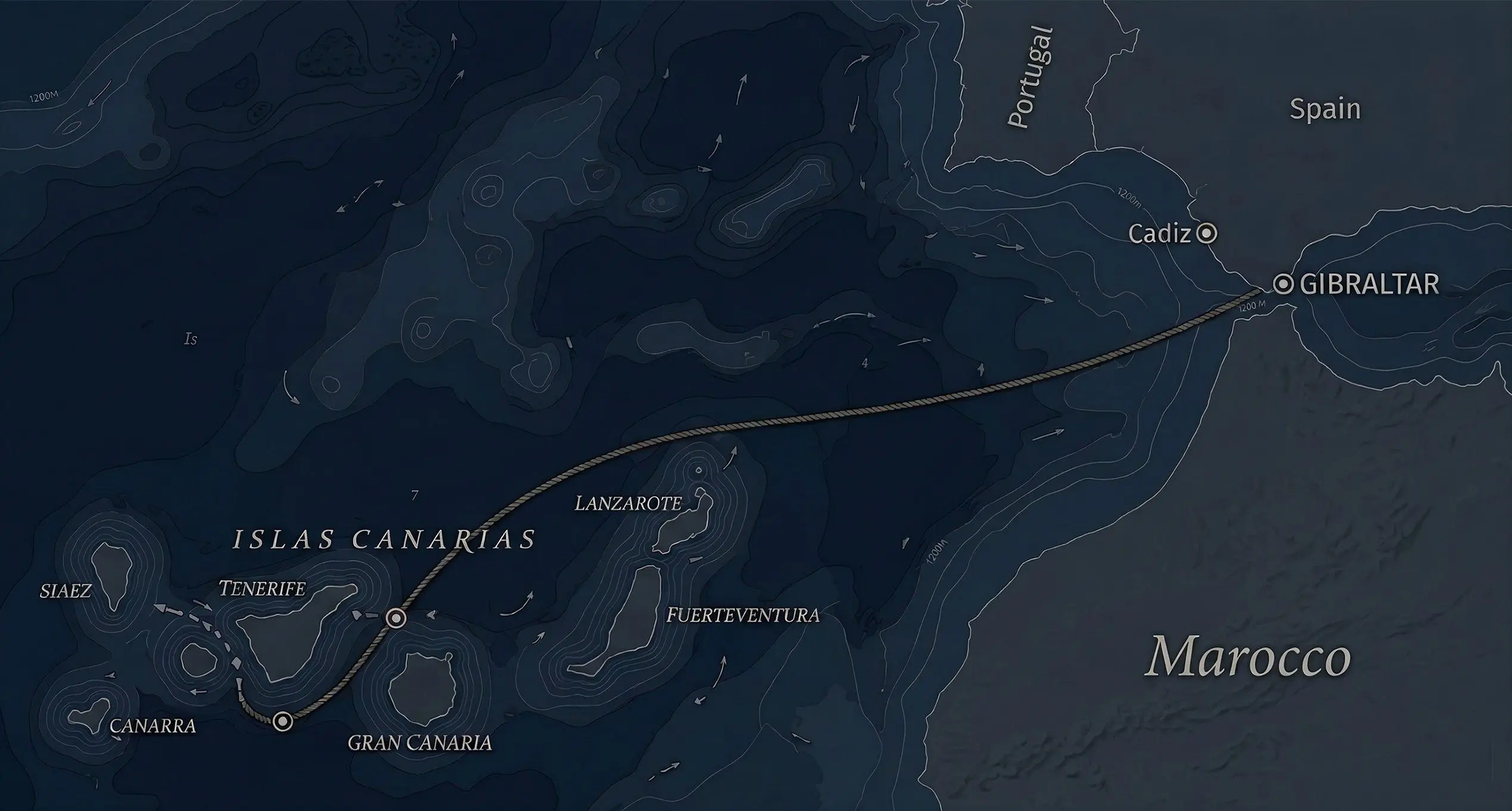 Route map for the Mediterranean to Canary Islands catamaran sailing passage, from Gibraltar to the Canary Islands.